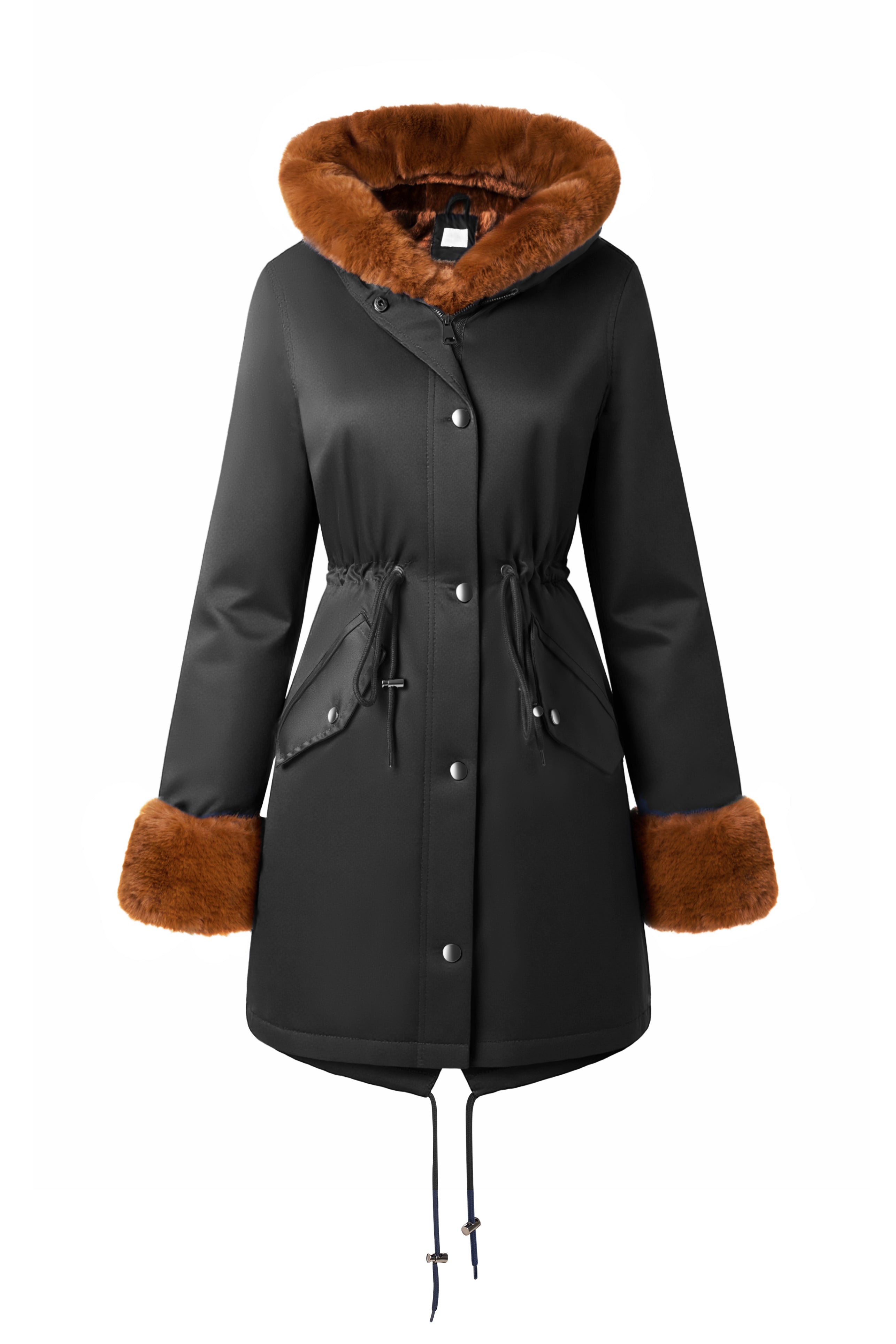 Midi fur collar nipped waist warm puffer coat #oran_Black