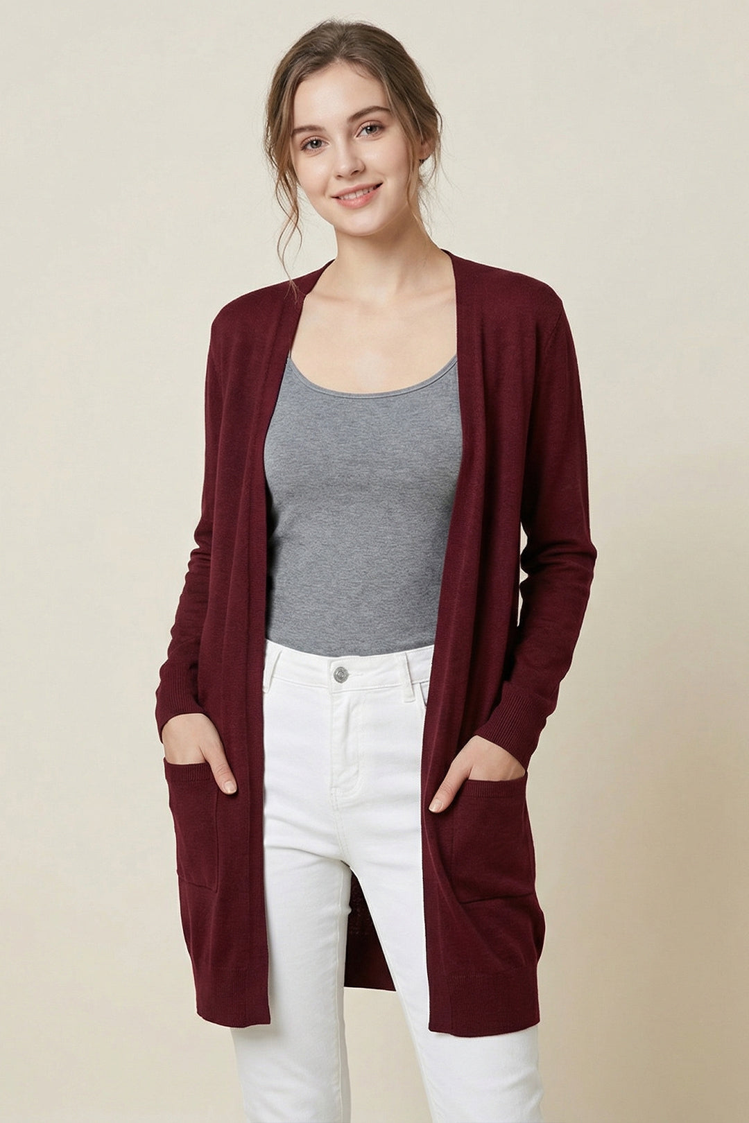 Knit Open Front Cardigan #oran_Wine Red