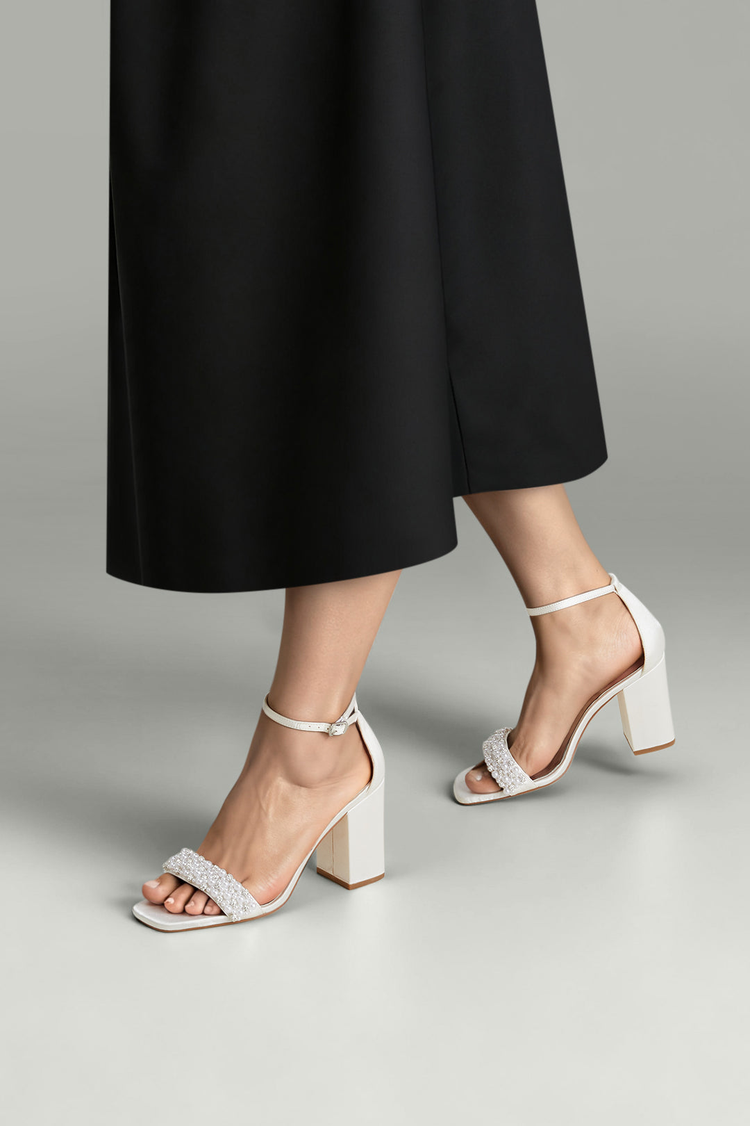 Pearl-Embellished Two-Part Block High Heel Sandals