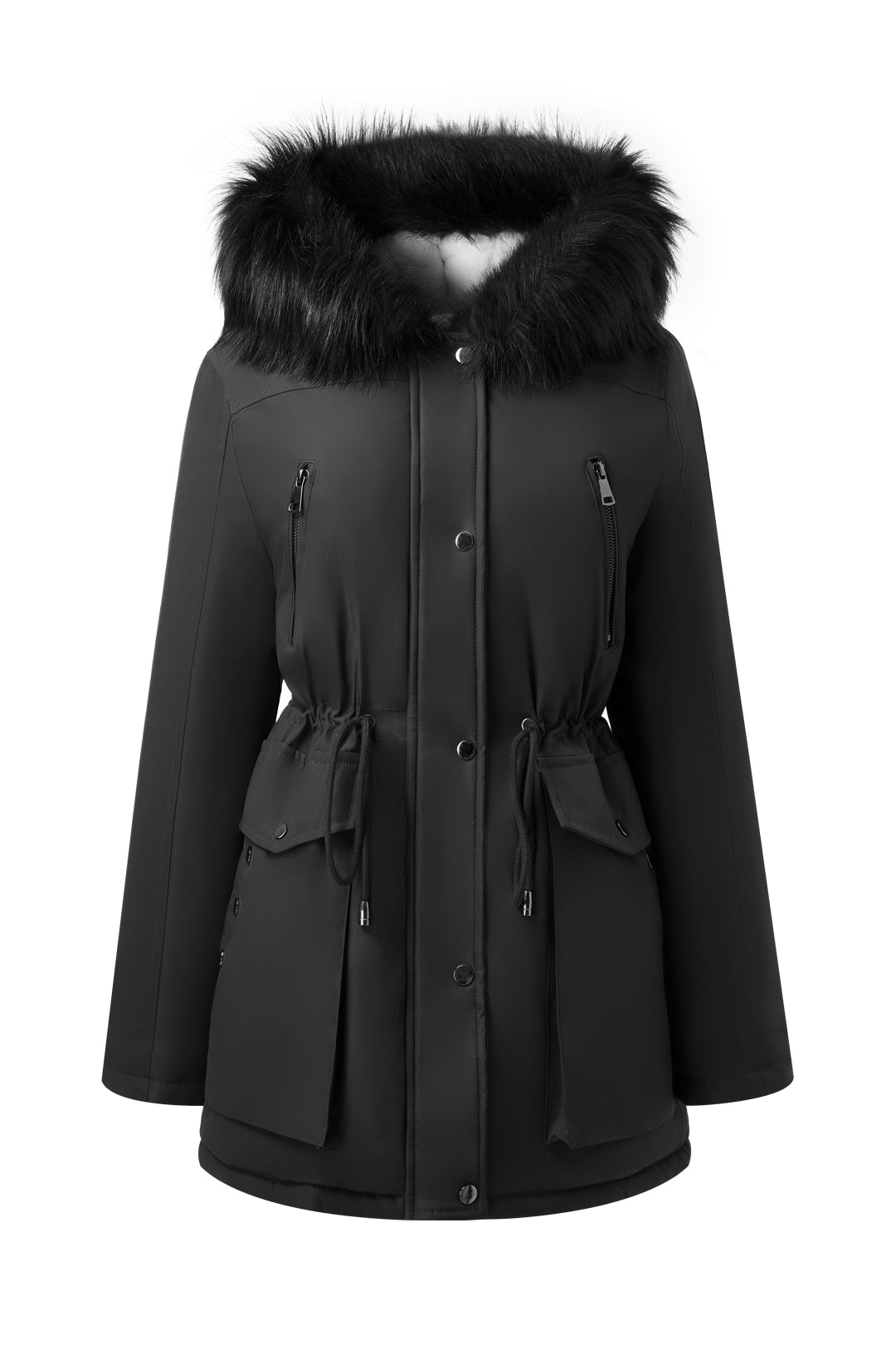 Versatile minimalist puffer coat with hood and fur collar