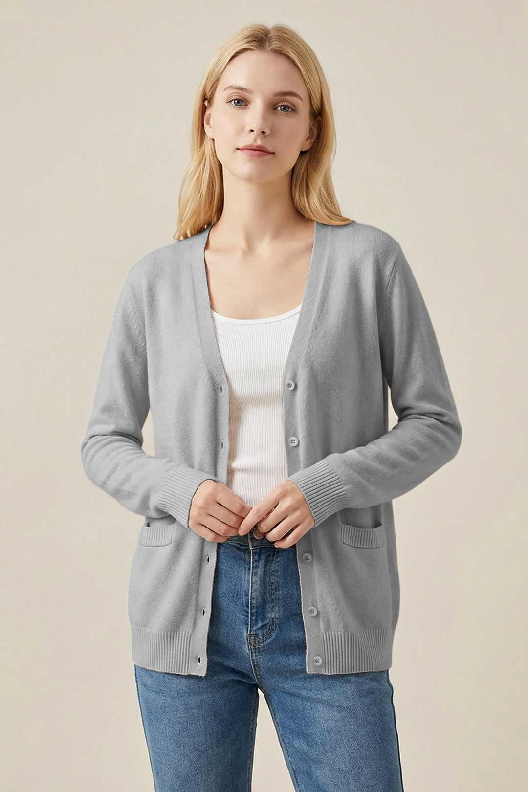V-Neck Knit Cardigan #oran_Gray