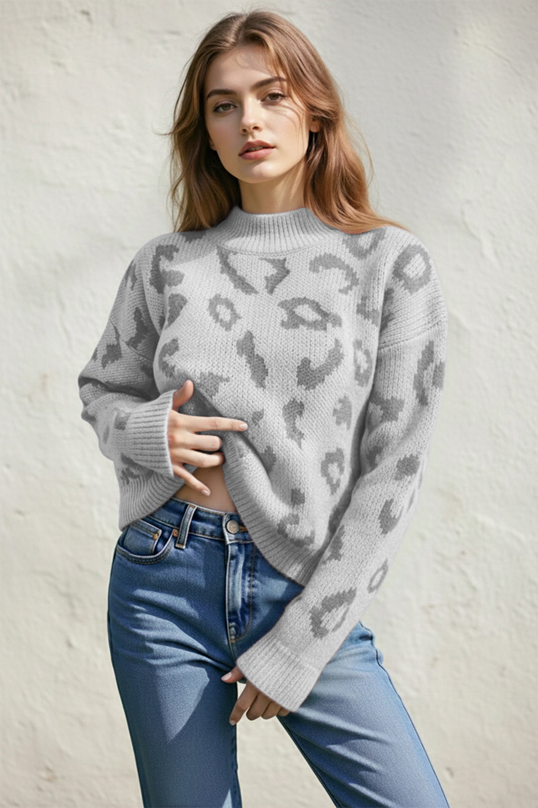 Leopard Print High Neck Jumper #oran_Gray