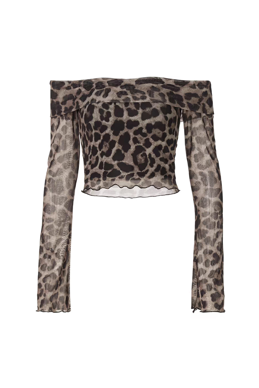 Leopard Print Off-Shoulder Flared Sleeve Crop Top