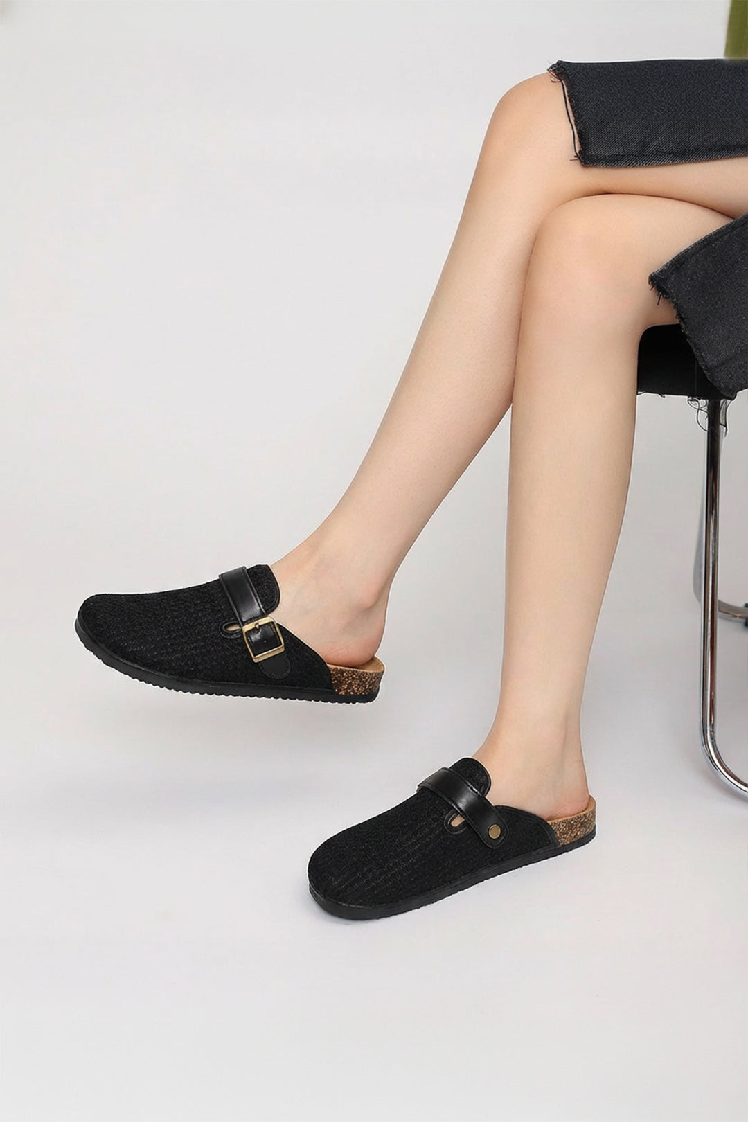 Woven Plush Fabric Mules with adjustable buckle