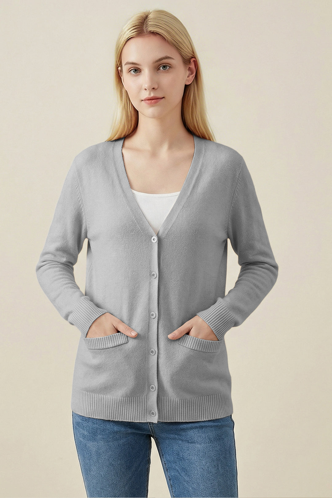 V-Neck Knit Cardigan #oran_Gray