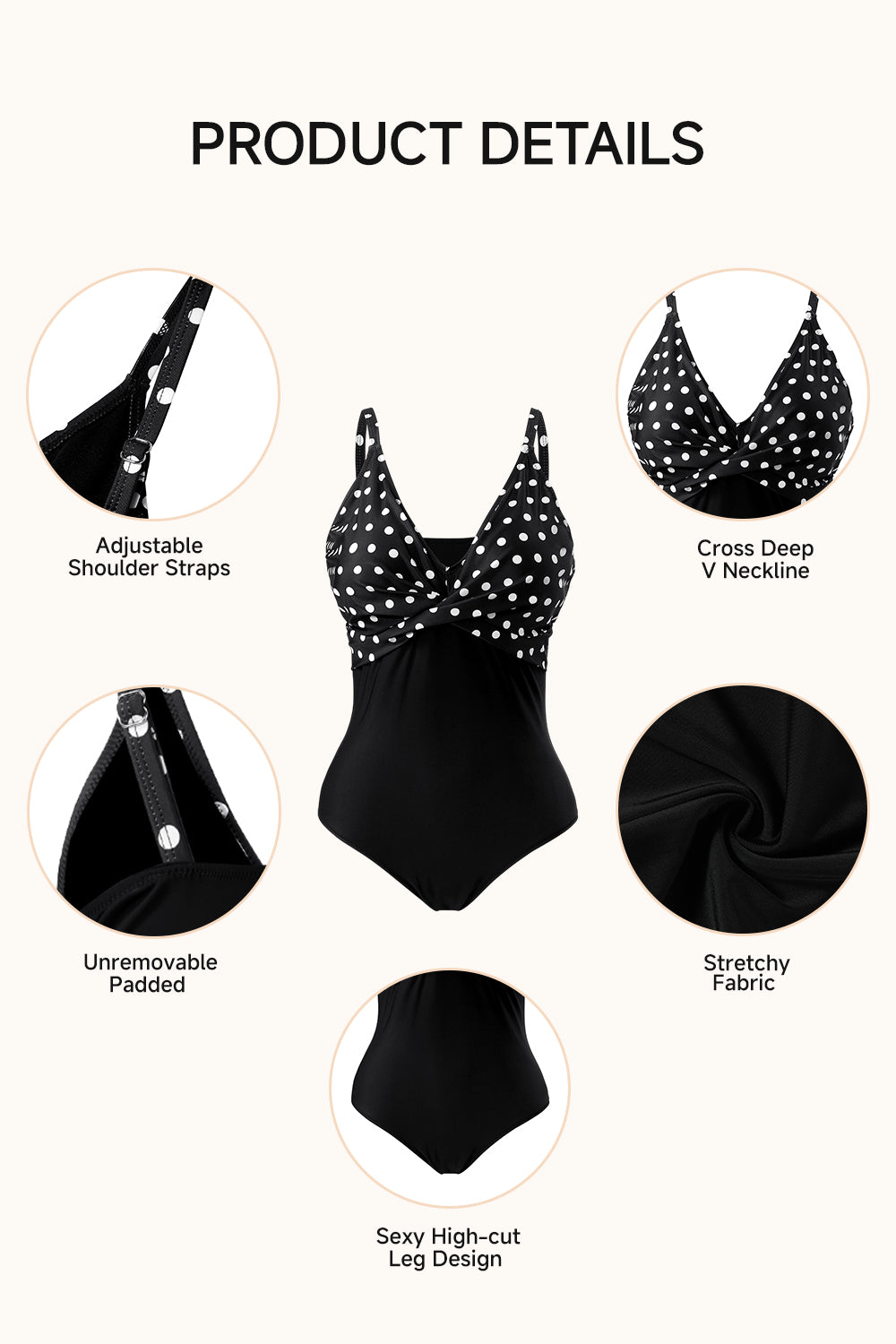 Polka Dot V Neck Fitted Swimming Costume