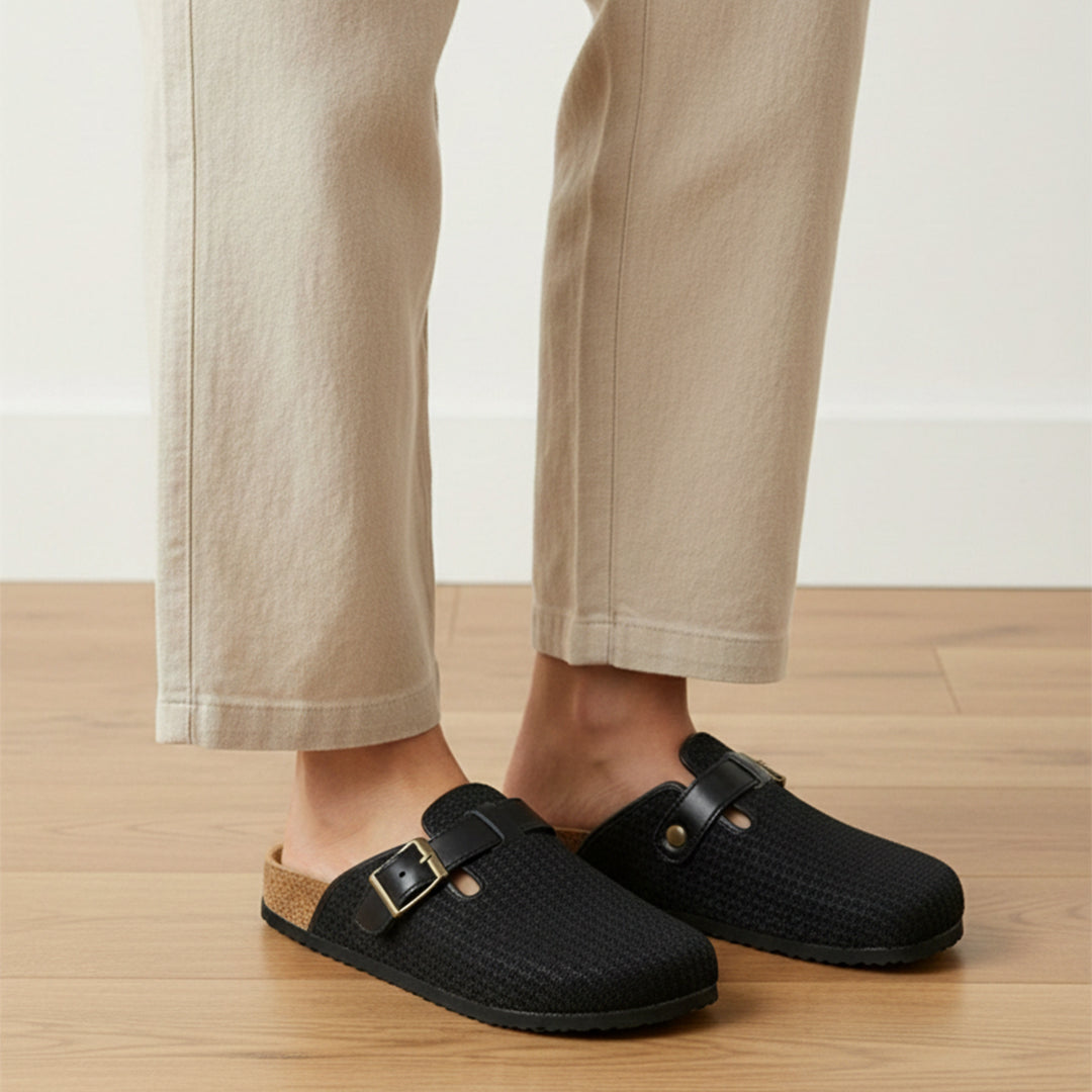 Woven Plush Fabric Mules with adjustable buckle