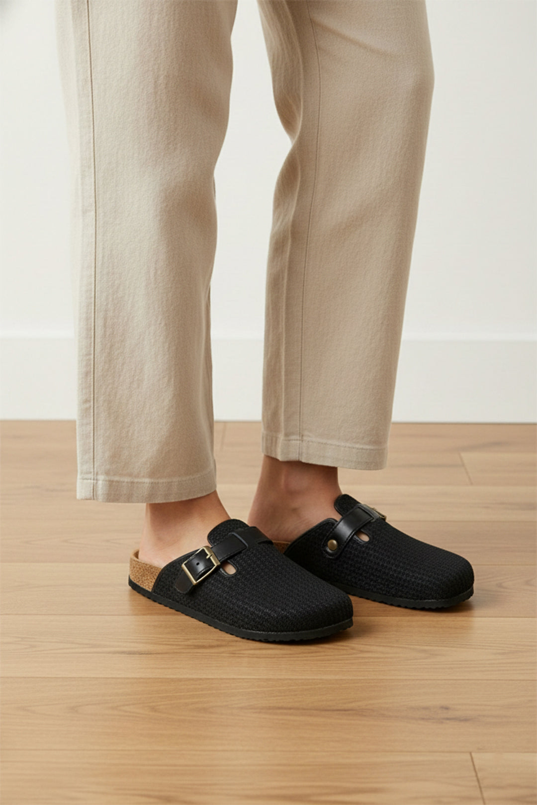 Woven Plush Fabric Mules with adjustable buckle
