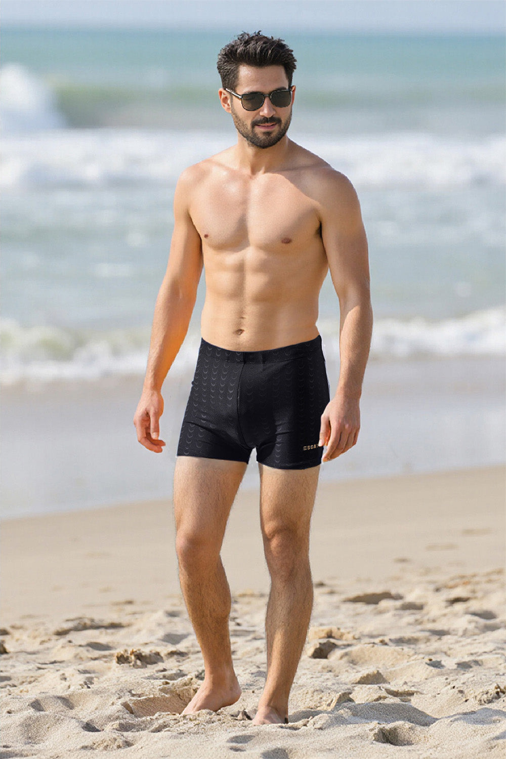 Men's Boxer Swim Shorts with Black Sharkskin Print