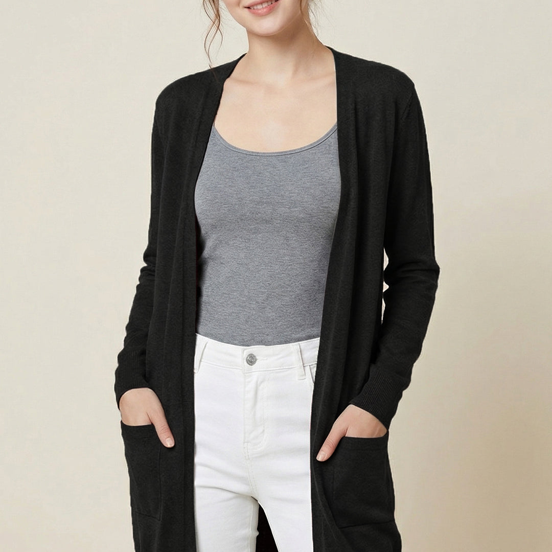 Knit Open Front Cardigan #oran_Black