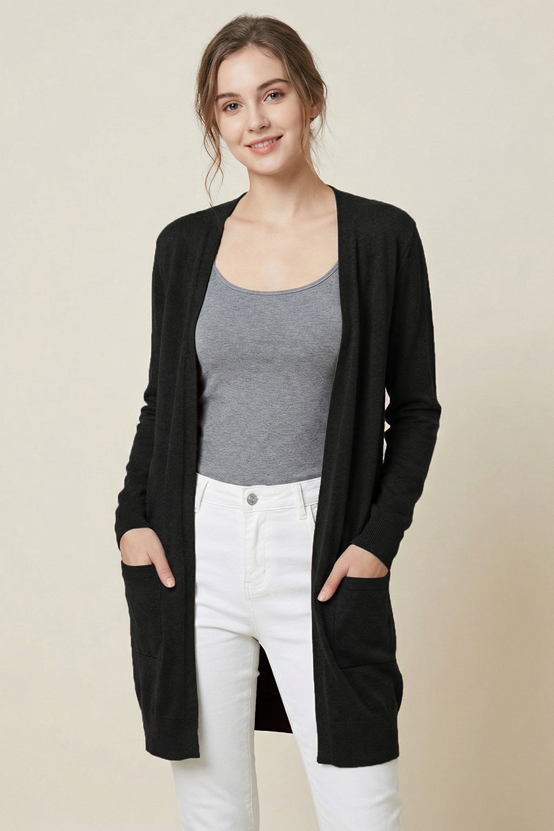 Knit Open Front Cardigan #oran_Black