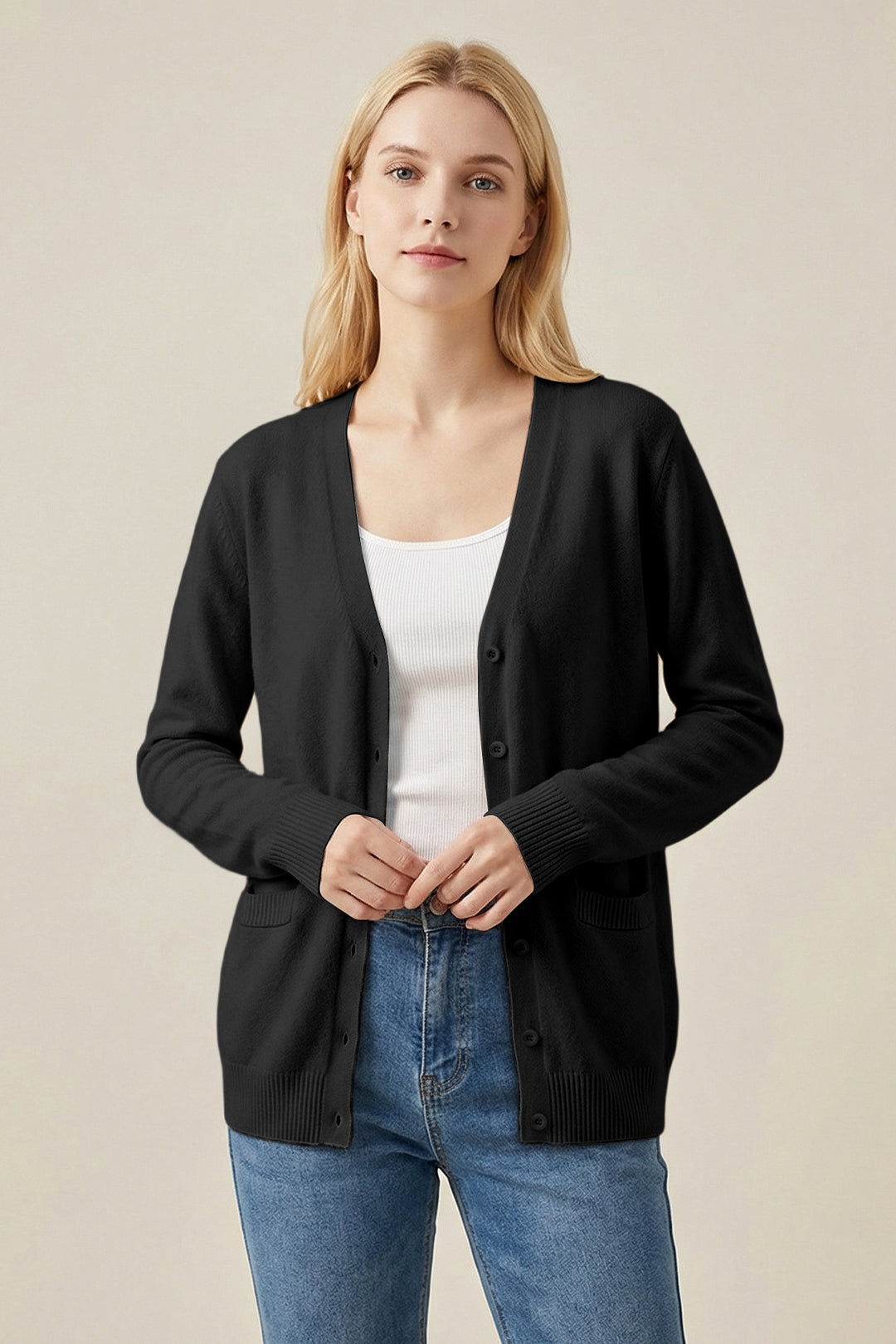 V-Neck Knit Cardigan #oran_Black