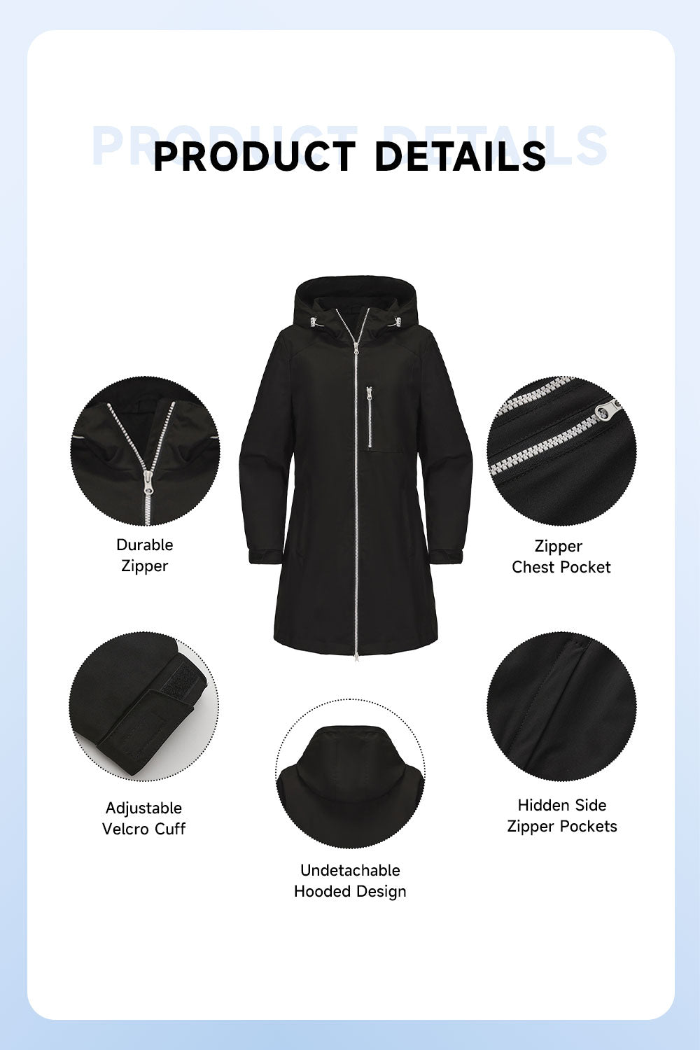 Windproof Trench Coat with Detachable Hood