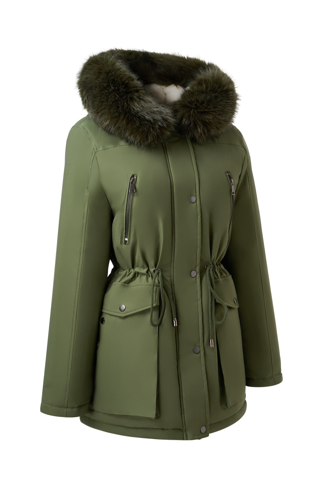 Versatile minimalist puffer coat with hood and fur collar